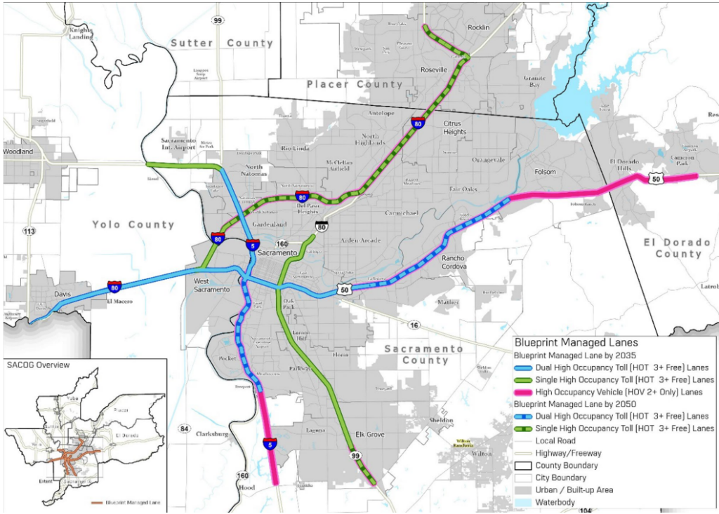 map of Sacramento with colors on each local freeway